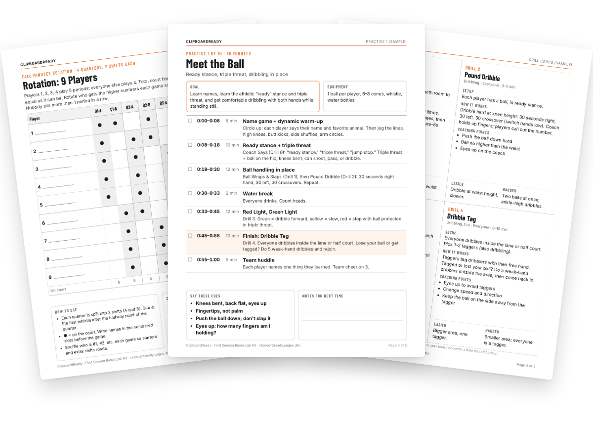 Free sample pages: Practice 1 plan, four drill cards and a 9-player rotation sheet