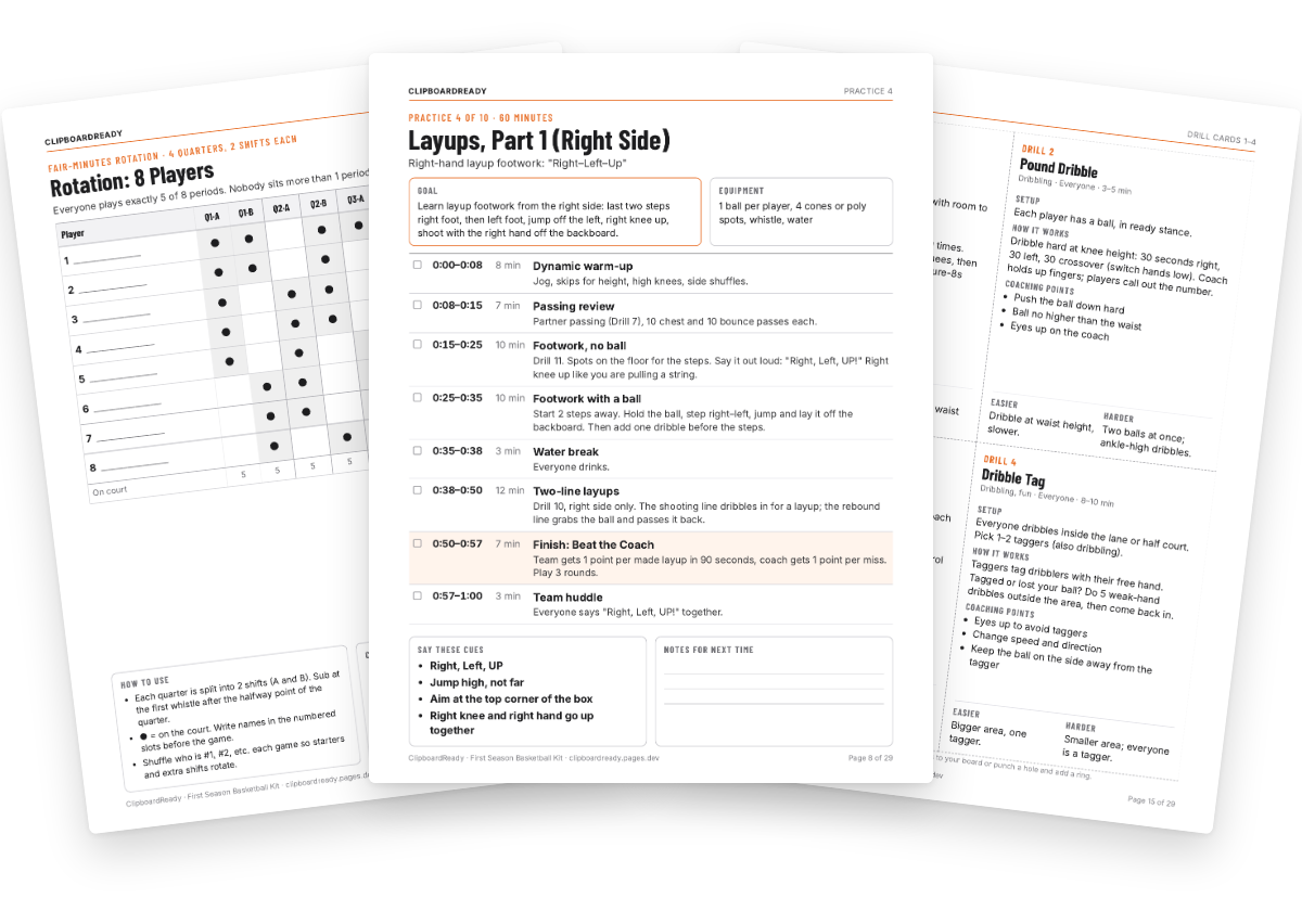 Pages from the First Season Basketball Kit: a practice plan, drill cards and a playing-time rotation sheet
