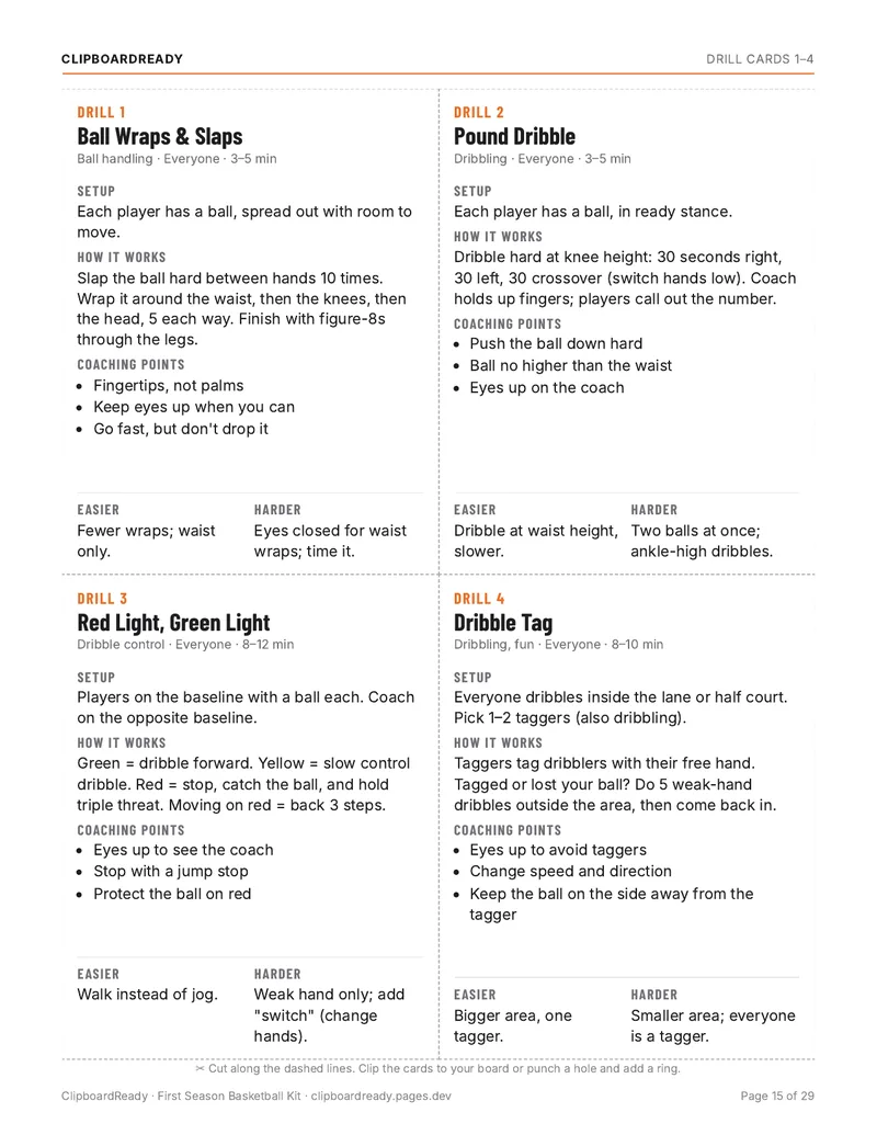 20 drill cards page from the First Season Basketball Kit