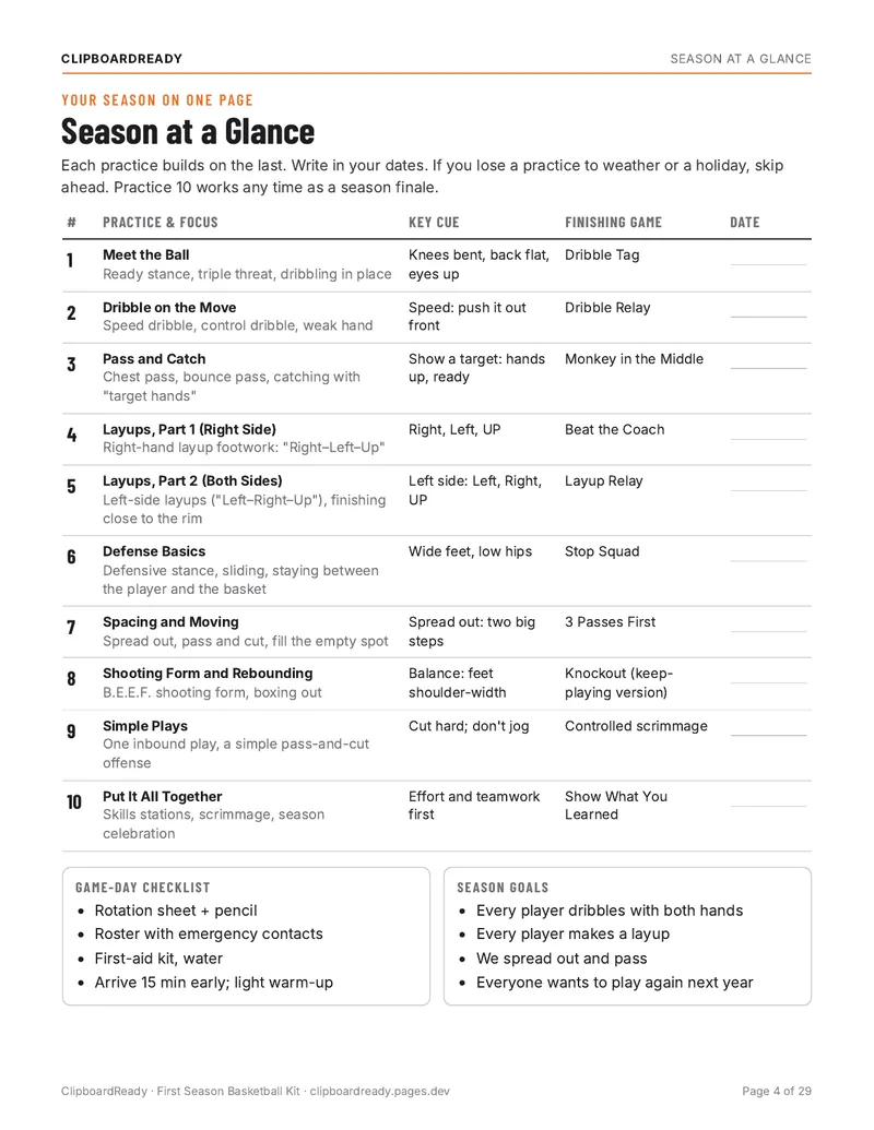 Season at a glance page from the First Season Basketball Kit