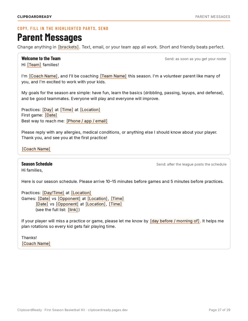 Parent messages page from the First Season Basketball Kit