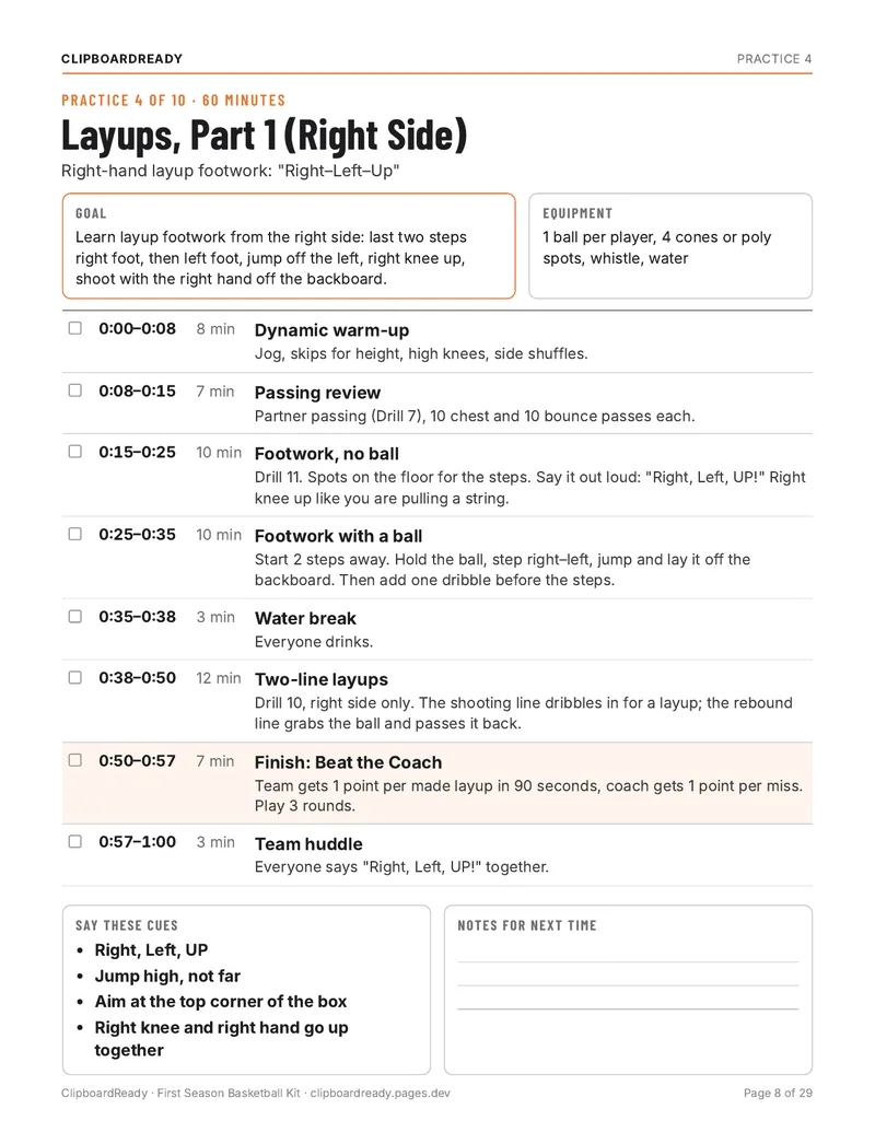 10 one-page practices page from the First Season Basketball Kit