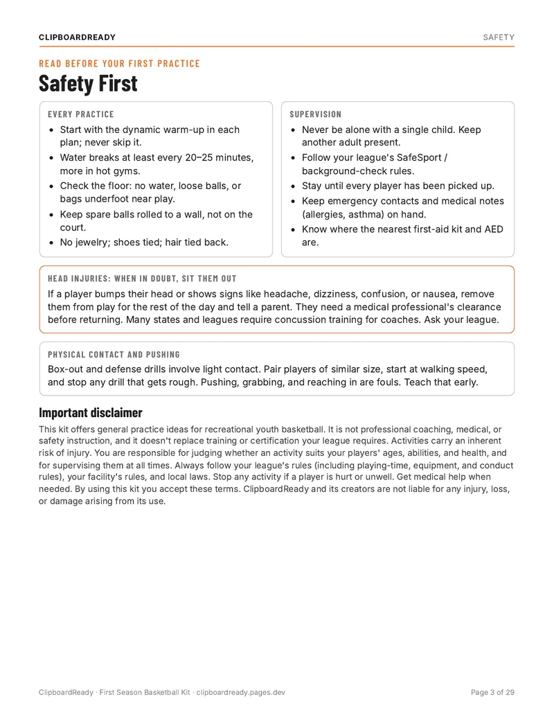 Safety first page from the First Season Basketball Kit