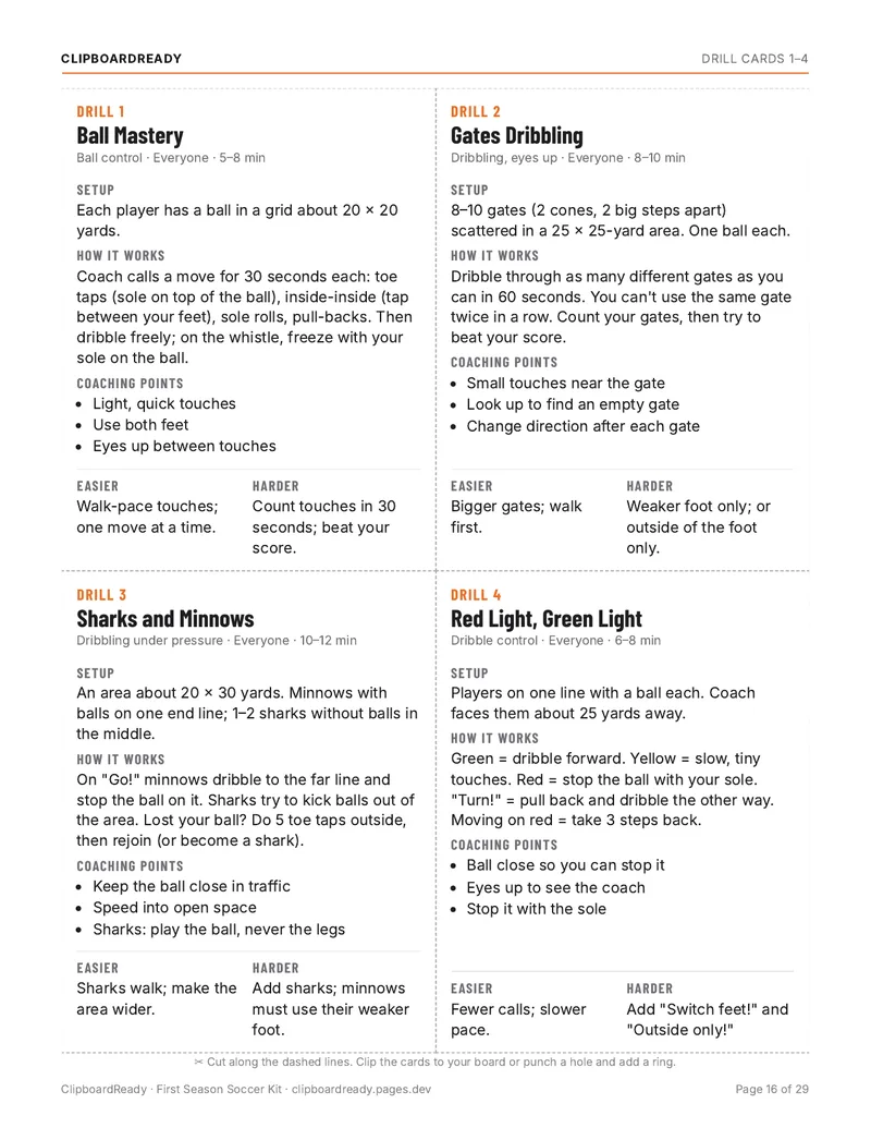 Drill cards 1–4: page from the First Season Soccer Kit