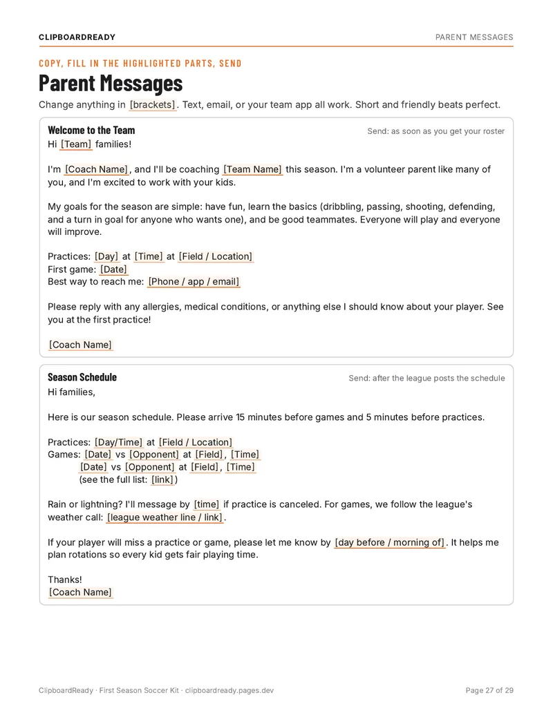 Parent messages: page from the First Season Soccer Kit