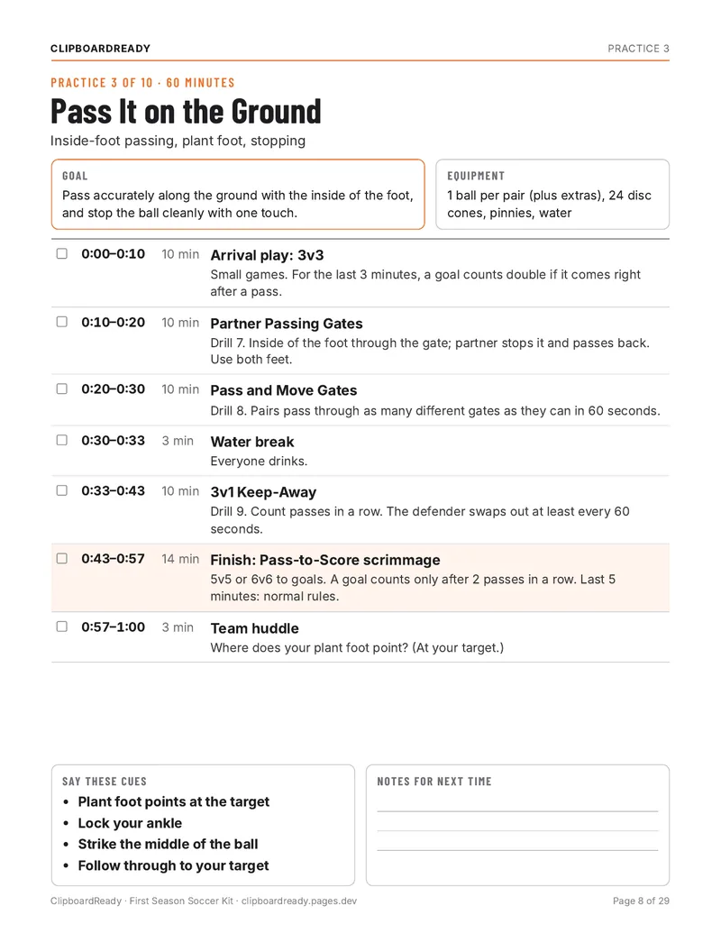 Practice 3: Pass It on the Ground: page from the First Season Soccer Kit
